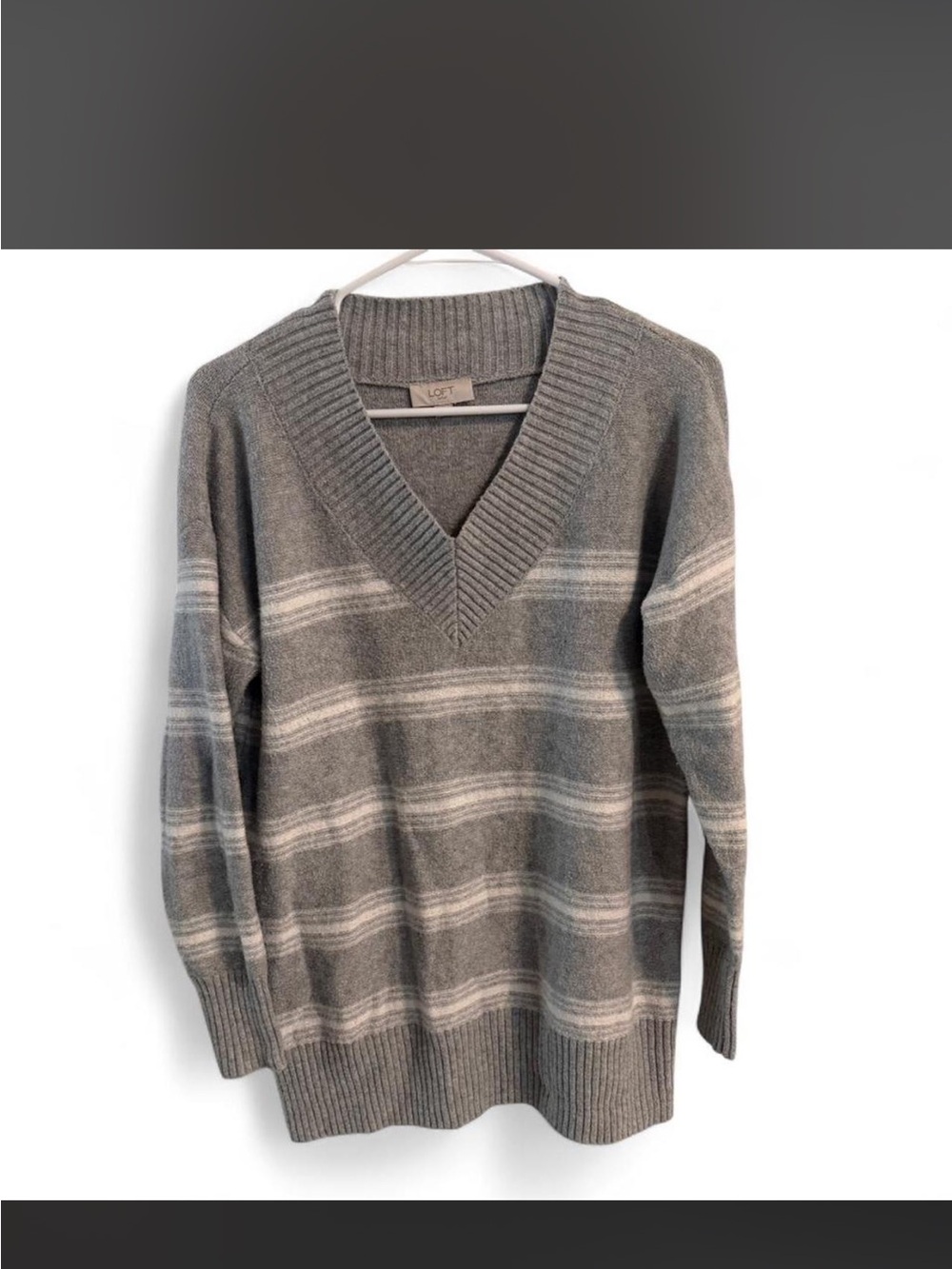 LOFT Gray V-Neck Sweater with Cream Stripes